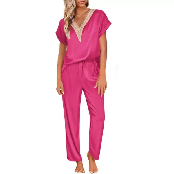 imageEkouaer Womens Silk Pajamas Set Satin Pjs with Long Pants Short Sleeve Sleepwear Guipure V Neck LoungewearRose Red