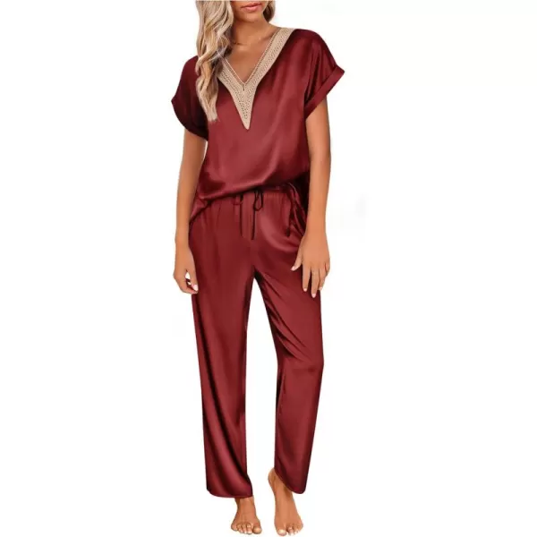 imageEkouaer Womens Silk Pajamas Set Satin Pjs with Long Pants Short Sleeve Sleepwear Guipure V Neck LoungewearWine Red