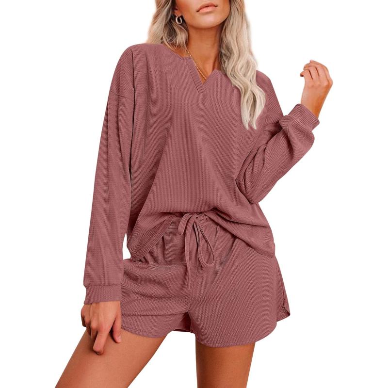 imageEkouaer Pajama Set for Women Waffle Knit Lounge Sets Long Sleeve Top and Shorts Matching Loungewear SXXLRose Red