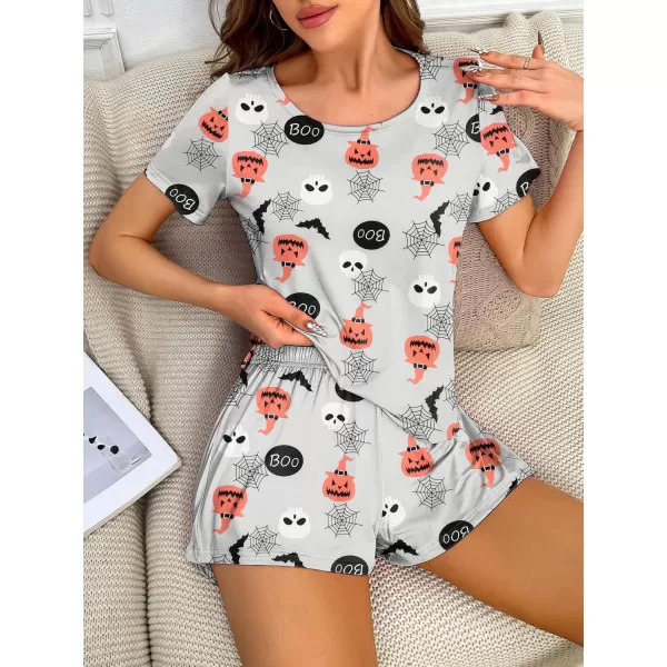 imageEkouaer 2 Pack Pajamas Short Sleeve Top with Shorts Sets Comfy Pjs Lounge Sets Sleepwear for WomenBlack BatPumpkin