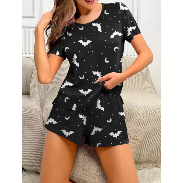 imageEkouaer 2 Pack Pajamas Short Sleeve Top with Shorts Sets Comfy Pjs Lounge Sets Sleepwear for WomenBlack BatPumpkin