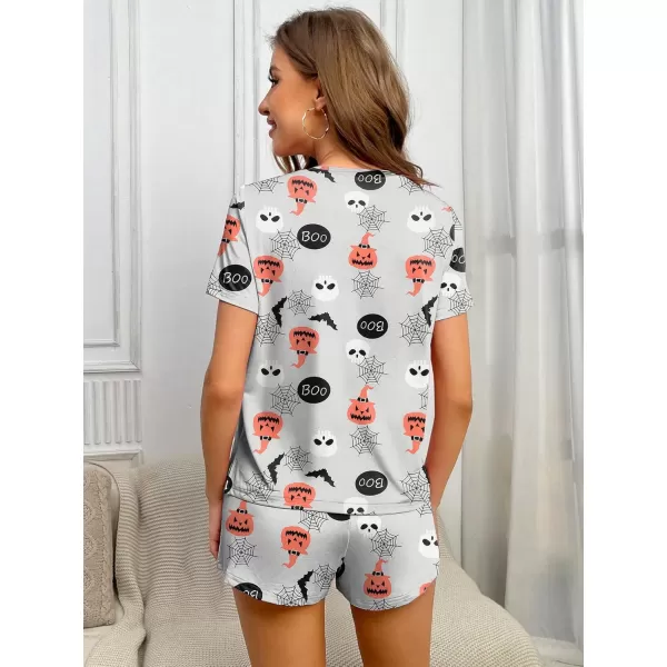 imageEkouaer 2 Pack Pajamas Short Sleeve Top with Shorts Sets Comfy Pjs Lounge Sets Sleepwear for WomenBlack BatPumpkin