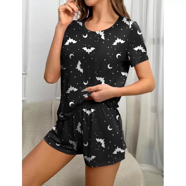 imageEkouaer 2 Pack Pajamas Short Sleeve Top with Shorts Sets Comfy Pjs Lounge Sets Sleepwear for WomenBlack BatPumpkin