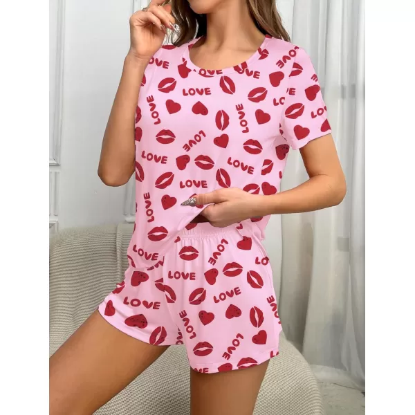 imageEkouaer 2 Pack Pajamas Short Sleeve Top with Shorts Sets Comfy Pjs Lounge Sets Sleepwear for WomenLipColorful Heart