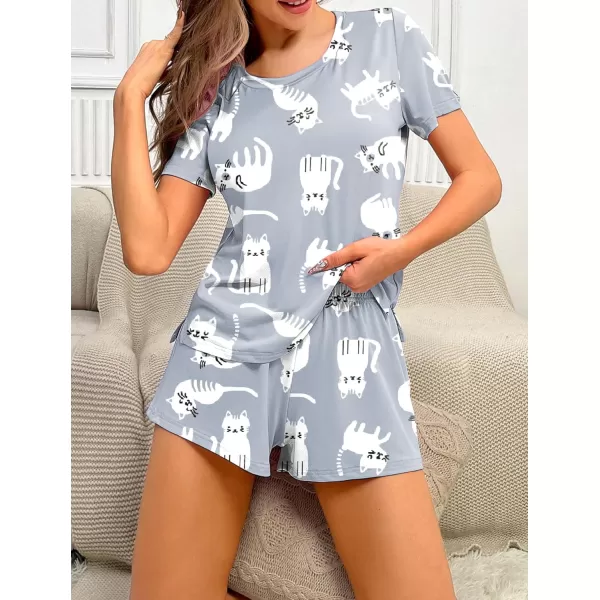 imageEkouaer 2 Pack Pajamas Short Sleeve Top with Shorts Sets Comfy Pjs Lounge Sets Sleepwear for WomenStarCat