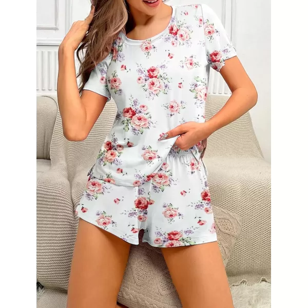imageEkouaer 2 Pack Pajamas Short Sleeve Top with Shorts Sets Comfy Pjs Lounge Sets Sleepwear for WomenTie DyeWhite Floral