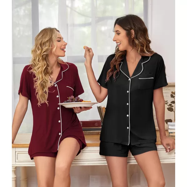 imageEkouaer 2 Pack Womens Pajamas Set Button Down Summer Sleepwear Short Sleeve Comfy Pjs Loungewear SetBlackWine Red