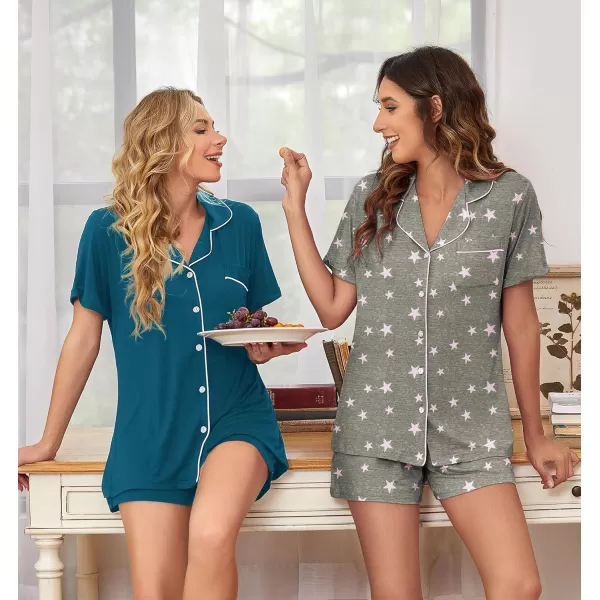 imageEkouaer 2 Pack Womens Pajamas Set Button Down Summer Sleepwear Short Sleeve Comfy Pjs Loungewear SetBlue GreenLight Gray Stars