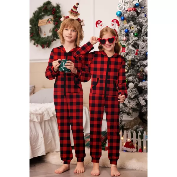 imageEkouaer Christmas Matching Family Onesie Pajamas Hoodie One Piece Pajamas Zipper Thermal Sleepwear with PocketsFamily Christmas Buffalo Plaid Print