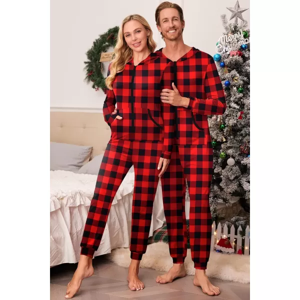 imageEkouaer Christmas Matching Family Onesie Pajamas Hoodie One Piece Pajamas Zipper Thermal Sleepwear with PocketsFamily Christmas Buffalo Plaid Print