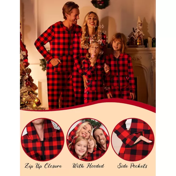 imageEkouaer Christmas Matching Family Onesie Pajamas Hoodie One Piece Pajamas Zipper Thermal Sleepwear with PocketsFamily Christmas Buffalo Plaid Print