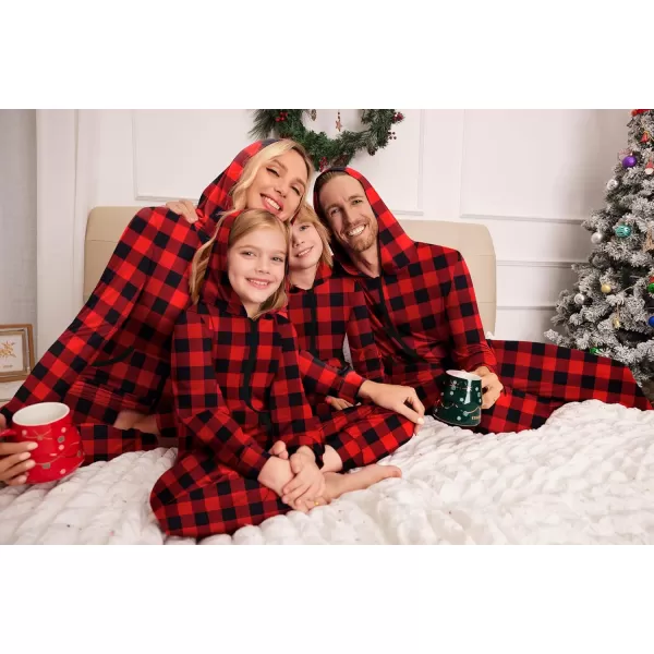 imageEkouaer Christmas Matching Family Onesie Pajamas Hoodie One Piece Pajamas Zipper Thermal Sleepwear with PocketsFamily Christmas Buffalo Plaid Print