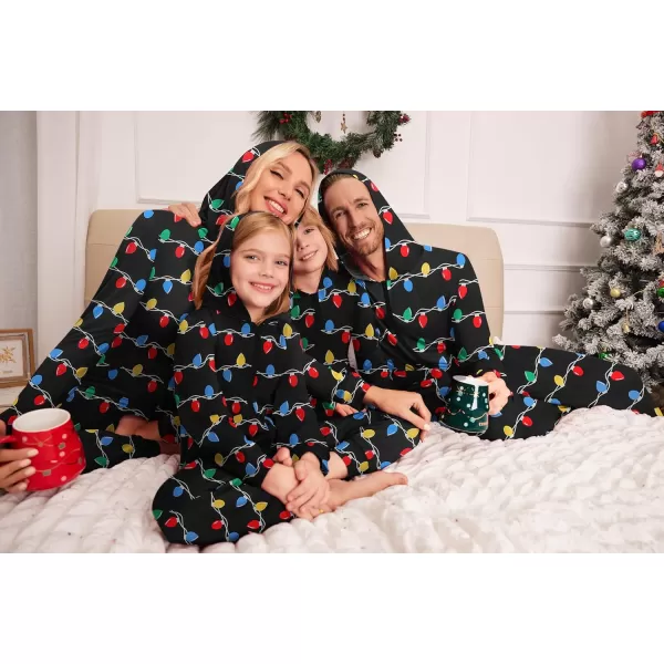 imageEkouaer Christmas Matching Family Onesie Pajamas Hoodie One Piece Pajamas Zipper Thermal Sleepwear with PocketsFamily Christmas Lights Print