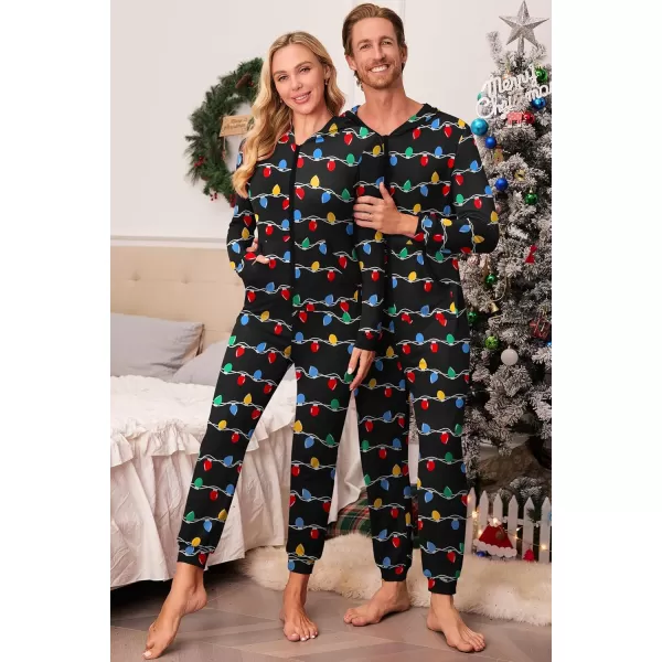 imageEkouaer Christmas Matching Family Onesie Pajamas Hoodie One Piece Pajamas Zipper Thermal Sleepwear with PocketsFamily Christmas Lights Print