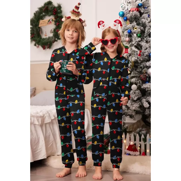 imageEkouaer Christmas Matching Family Onesie Pajamas Hoodie One Piece Pajamas Zipper Thermal Sleepwear with PocketsFamily Christmas Lights Print