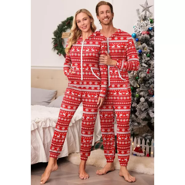 imageEkouaer Christmas Matching Family Onesie Pajamas Hoodie One Piece Pajamas Zipper Thermal Sleepwear with PocketsFamily Red Elk Print