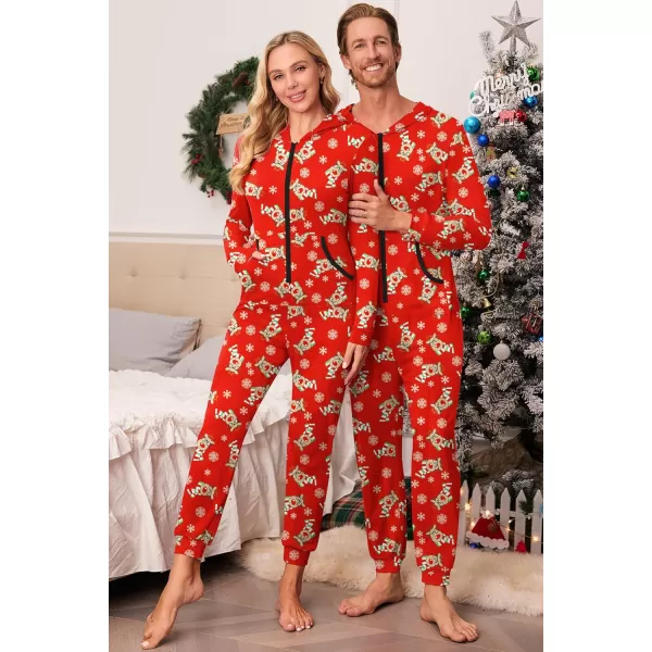 imageEkouaer Christmas Matching Family Onesie Pajamas Hoodie One Piece Pajamas Zipper Thermal Sleepwear with PocketsFamily Red Reindeer Print