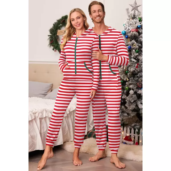 imageEkouaer Christmas Matching Family Onesie Pajamas Hoodie One Piece Pajamas Zipper Thermal Sleepwear with PocketsFamily Red Striped Print