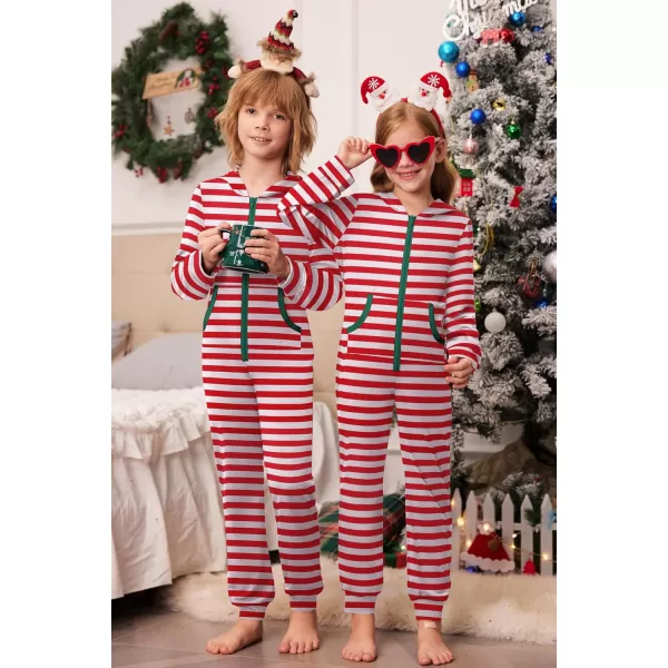 imageEkouaer Christmas Matching Family Onesie Pajamas Hoodie One Piece Pajamas Zipper Thermal Sleepwear with PocketsFamily Red Striped Print