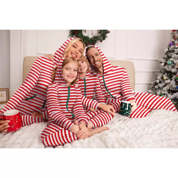 imageEkouaer Christmas Matching Family Onesie Pajamas Hoodie One Piece Pajamas Zipper Thermal Sleepwear with PocketsFamily Red Striped Print