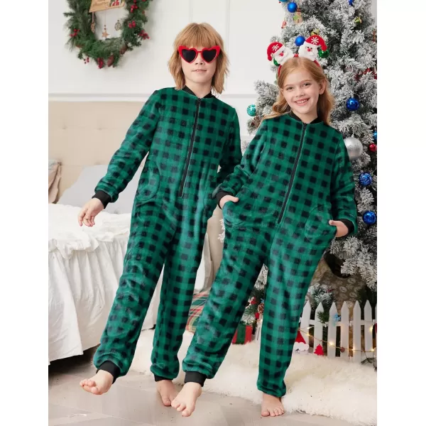 imageEkouaer Christmas Matching Pajamas Onesie for Family Fleece Onesie Sleepwear Zipper Jumpsuit with PocketsGreen Plaid Onesie