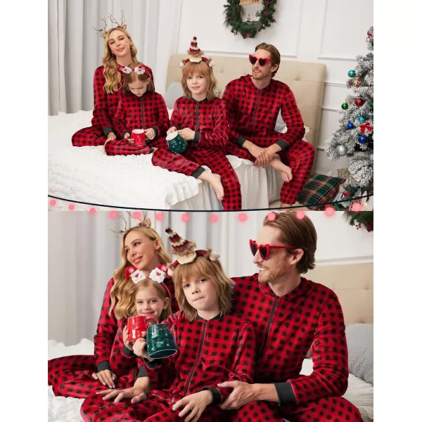 imageEkouaer Christmas Matching Pajamas Onesie for Family Fleece Onesie Sleepwear Zipper Jumpsuit with PocketsRed Plaid Onesie