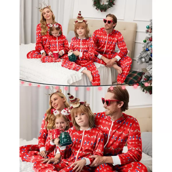 imageEkouaer Christmas Matching Pajamas Onesie for Family Fleece Onesie Sleepwear Zipper Jumpsuit with PocketsReindeer Red