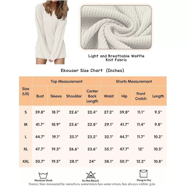 imageEkouaer Pajama Set for Women Waffle Knit Lounge Sets Long Sleeve Top and Shorts Matching Loungewear SXXLBeige