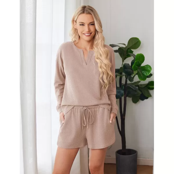 imageEkouaer Pajama Set for Women Waffle Knit Lounge Sets Long Sleeve Top and Shorts Matching Loungewear SXXLBeige