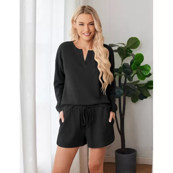 imageEkouaer Pajama Set for Women Waffle Knit Lounge Sets Long Sleeve Top and Shorts Matching Loungewear SXXLBlack
