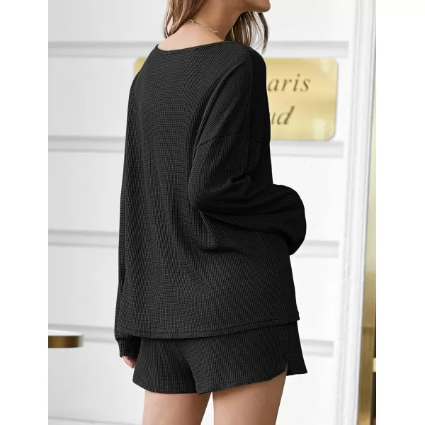 imageEkouaer Pajama Set for Women Waffle Knit Lounge Sets Long Sleeve Top and Shorts Matching Loungewear SXXLBlack