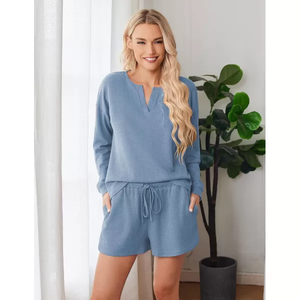 imageEkouaer Pajama Set for Women Waffle Knit Lounge Sets Long Sleeve Top and Shorts Matching Loungewear SXXLBlue