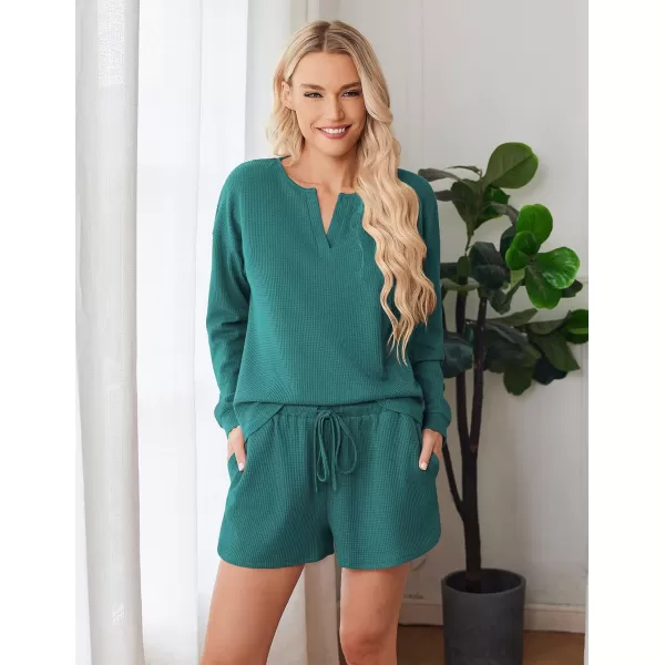 imageEkouaer Pajama Set for Women Waffle Knit Lounge Sets Long Sleeve Top and Shorts Matching Loungewear SXXLBlue Green