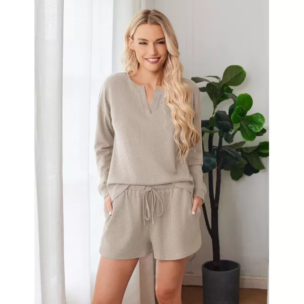 imageEkouaer Pajama Set for Women Waffle Knit Lounge Sets Long Sleeve Top and Shorts Matching Loungewear SXXLBrown