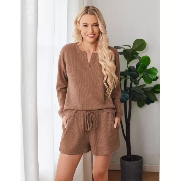 imageEkouaer Pajama Set for Women Waffle Knit Lounge Sets Long Sleeve Top and Shorts Matching Loungewear SXXLCaramel