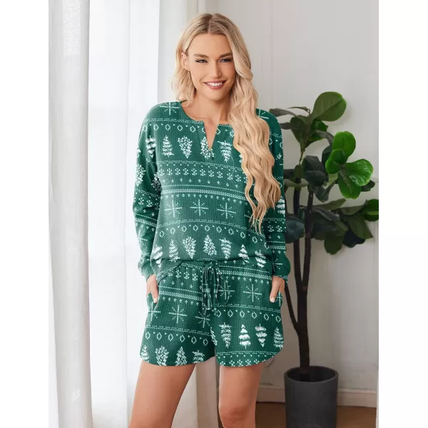 imageEkouaer Pajama Set for Women Waffle Knit Lounge Sets Long Sleeve Top and Shorts Matching Loungewear SXXLChristmas Green