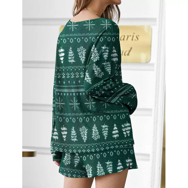 imageEkouaer Pajama Set for Women Waffle Knit Lounge Sets Long Sleeve Top and Shorts Matching Loungewear SXXLChristmas Green