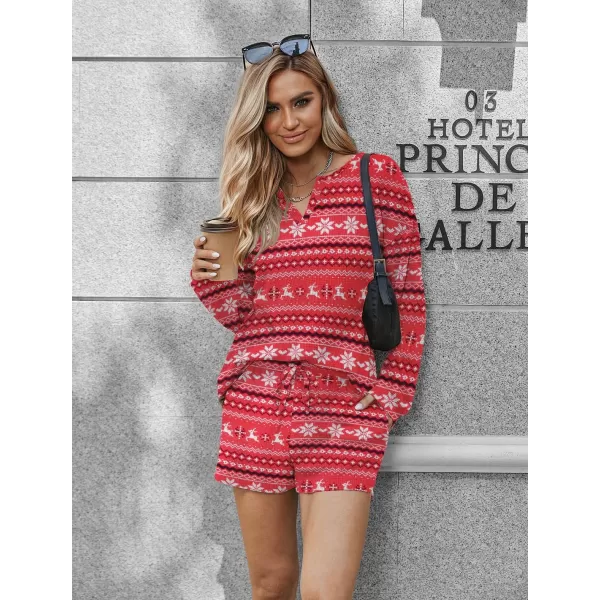 imageEkouaer Pajama Set for Women Waffle Knit Lounge Sets Long Sleeve Top and Shorts Matching Loungewear SXXLChristmas Red