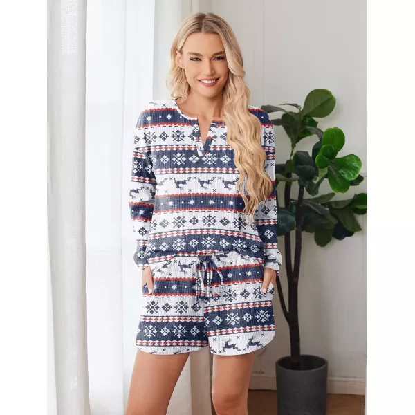 imageEkouaer Pajama Set for Women Waffle Knit Lounge Sets Long Sleeve Top and Shorts Matching Loungewear SXXLChristmas White and Navy