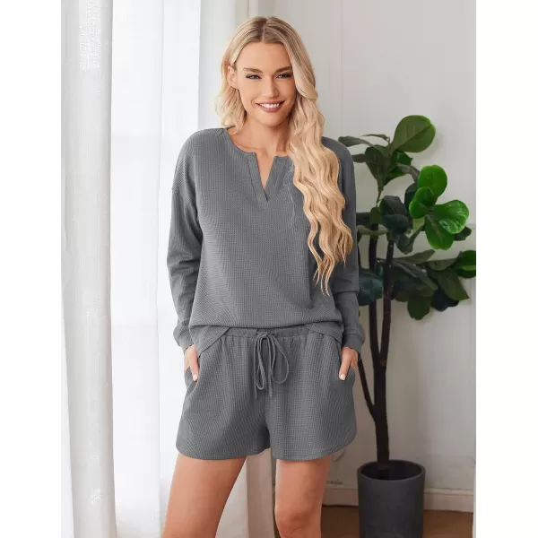 imageEkouaer Pajama Set for Women Waffle Knit Lounge Sets Long Sleeve Top and Shorts Matching Loungewear SXXLDark Gray