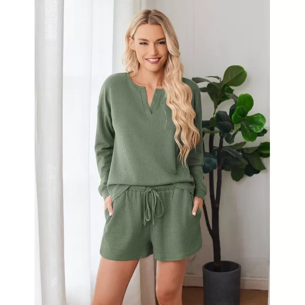 imageEkouaer Pajama Set for Women Waffle Knit Lounge Sets Long Sleeve Top and Shorts Matching Loungewear SXXLDark Green