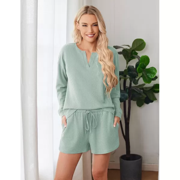 imageEkouaer Pajama Set for Women Waffle Knit Lounge Sets Long Sleeve Top and Shorts Matching Loungewear SXXLGray Green