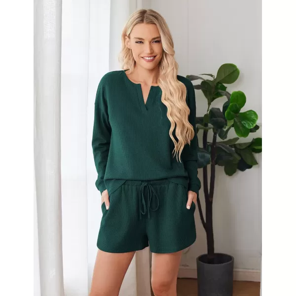 imageEkouaer Pajama Set for Women Waffle Knit Lounge Sets Long Sleeve Top and Shorts Matching Loungewear SXXLLake Green