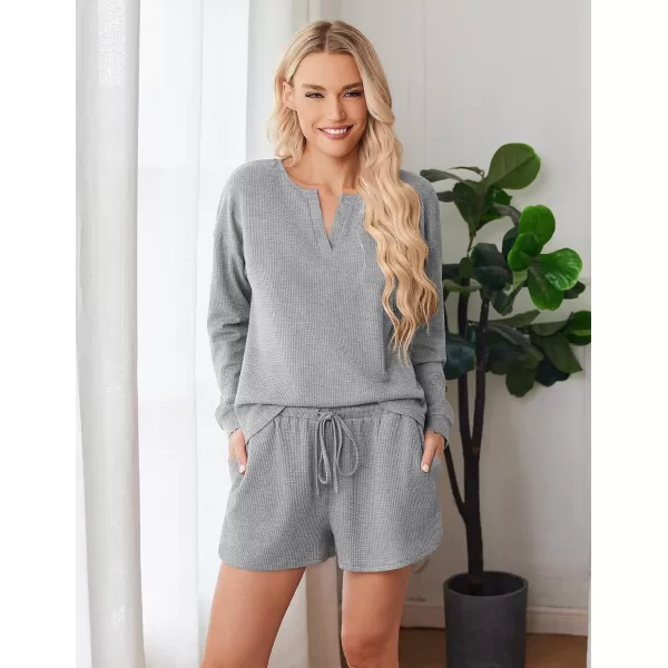 imageEkouaer Pajama Set for Women Waffle Knit Lounge Sets Long Sleeve Top and Shorts Matching Loungewear SXXLLight Grey
