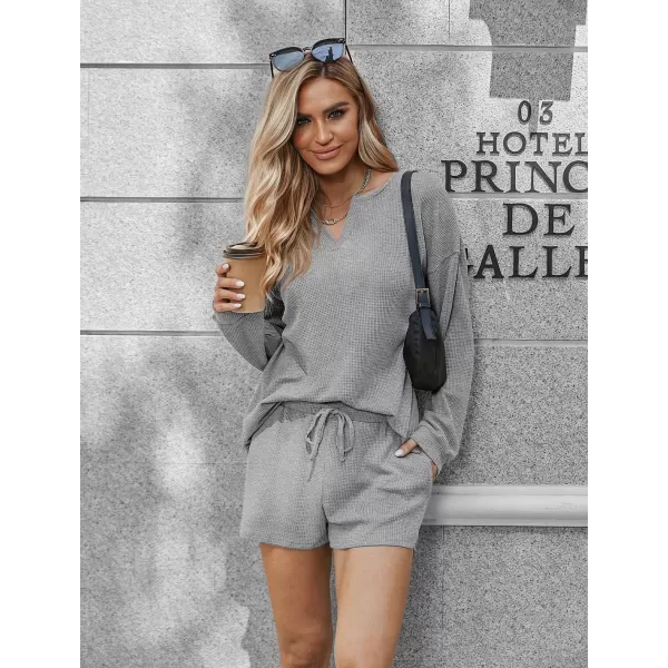 imageEkouaer Pajama Set for Women Waffle Knit Lounge Sets Long Sleeve Top and Shorts Matching Loungewear SXXLLight Grey