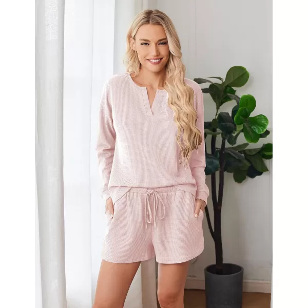 imageEkouaer Pajama Set for Women Waffle Knit Lounge Sets Long Sleeve Top and Shorts Matching Loungewear SXXLLight Pink