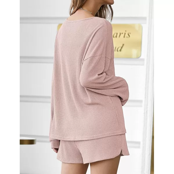 imageEkouaer Pajama Set for Women Waffle Knit Lounge Sets Long Sleeve Top and Shorts Matching Loungewear SXXLLight Pink