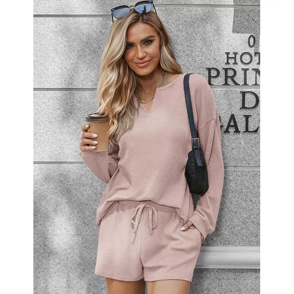 imageEkouaer Pajama Set for Women Waffle Knit Lounge Sets Long Sleeve Top and Shorts Matching Loungewear SXXLLight Pink