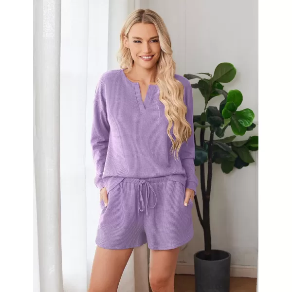 imageEkouaer Pajama Set for Women Waffle Knit Lounge Sets Long Sleeve Top and Shorts Matching Loungewear SXXLLilac