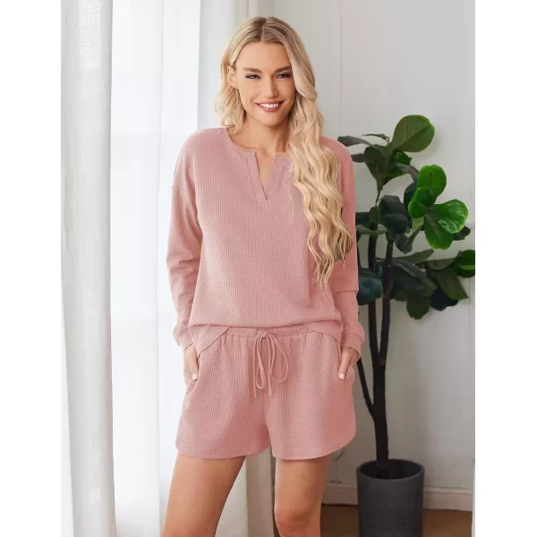 imageEkouaer Pajama Set for Women Waffle Knit Lounge Sets Long Sleeve Top and Shorts Matching Loungewear SXXLLotus Pink